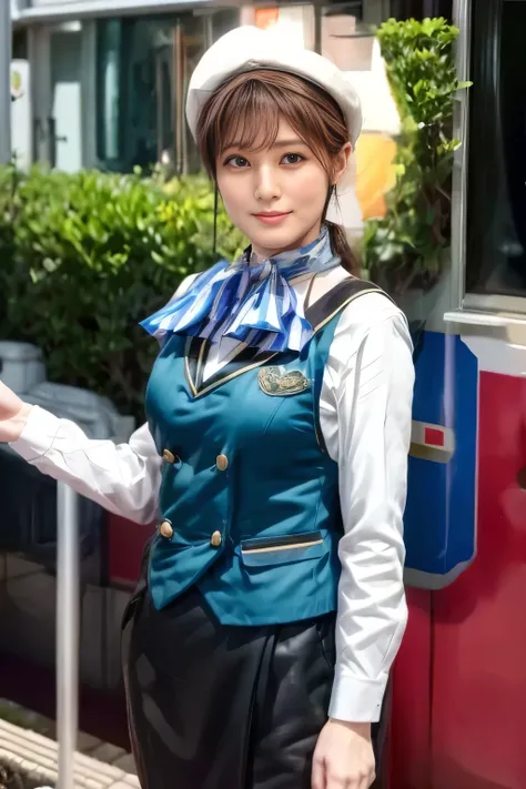 (masterpiece:1.2, best quality :1.2), 32kHDR, kampala, (alone、 1 girl)、(what 、 professional lighting )、Cabin background、( realistic style in Nankai train uniform )、(( Nankai train crew uniform green vest ))、(( Nankai train crew uniform white long sleeve...