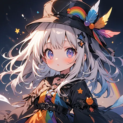  best detail、  1 girl，，Blink，    Best quality   ，Milky White and Blue Gradation Hair Color、Wear a colorful and cute gothic kimono costume   ,  Star Fairy ,Wear a colorful and cute gothic kimono costume    with little fairy feathers growing from above your ...