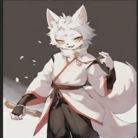  anime characters,Has white hair and black pants,White Fox anime, White fox, Fox and bush, Fox and bush holding a naginata,  Narrow, White Fox, Narrow holding torch, vampire White Fox, beast, 