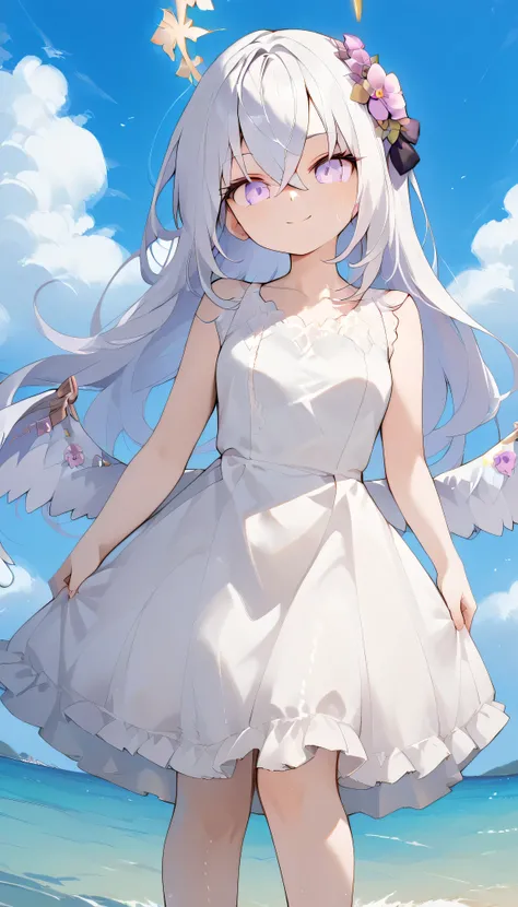 Azusa (blue archive),purple eyes,white hair,long hair,Wings,hair flower,halo, Alone,  showing eyebrows from inside the hair , hair between their eyes, viewers, masterpiece, highest quality, hud_s1lk_ngwn, sleeveless white dress, lace trim, breasts　Outdoors...