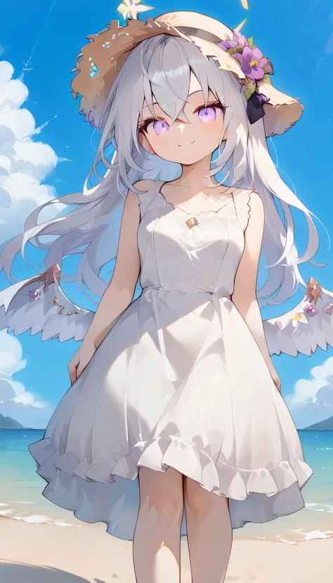 Azusa (blue archive),purple eyes,white hair,long hair,Wings,hair flower,halo, Alone,  showing eyebrows from inside the hair , hair between their eyes, viewers, masterpiece, highest quality, hud_s1lk_ngwn, sleeveless white dress, lace trim, breasts　Outdoors...