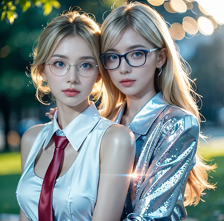 8K quality,  pro pics,  two beautiful girls, Beautiful like a goddess, Dazzling Sunset Backlight, Above chest shot, (Red Loop Tie on Blouse:1.2), (thin silver-rimmed glasses),  blond and blue eyed, (Splendid Sparkling Beautiful Light Blue), Hair flying in ...