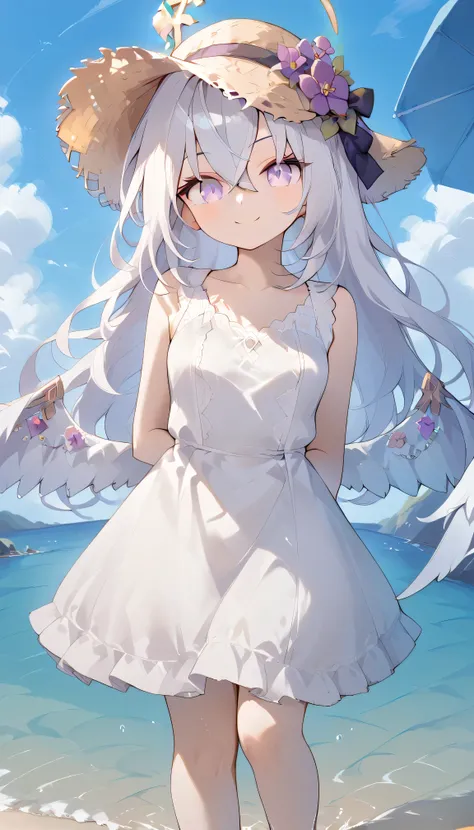 Azusa (blue archive),purple eyes,white hair,long hair,Wings,hair flower,halo, Alone,  showing eyebrows from inside the hair , hair between their eyes, viewers, masterpiece, highest quality, hud_s1lk_ngwn, sleeveless white dress, lace trim, breasts　Outdoors...