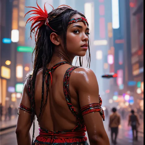 BRAZILIAN INDIGENOUS,Indigenous characteristics,dark brown eyes,tanned brown straight hair falling over the shoulders,She is wearing traditional indigenous fur-dress,top made of leaf,animal-Fur and bird-feathers,she is looking to up,His face conveys a sens...