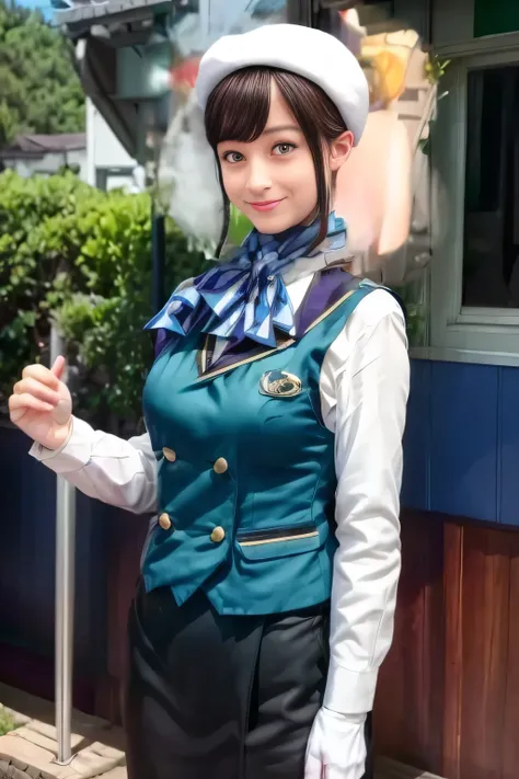 (masterpiece:1.2, best quality :1.2), 32kHDR, kampala, (alone、 1 girl)、(what 、 professional lighting )、Cabin background、( realistic style in Nankai train uniform )、(( Nankai train crew uniform green vest ))、(( Nankai train crew uniform white long sleeve...