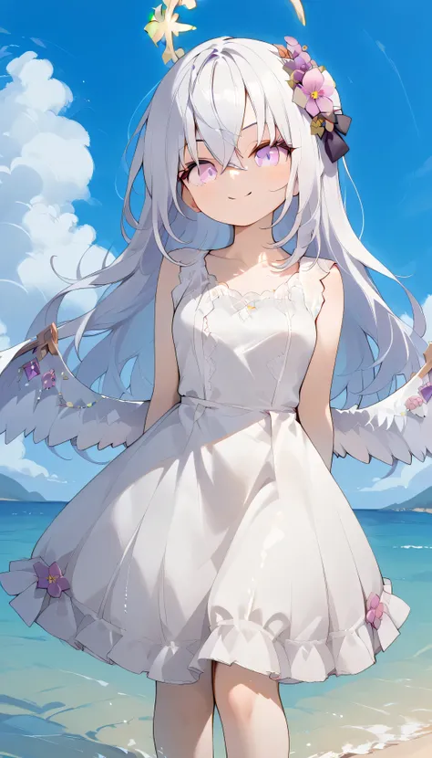 Azusa (blue archive),purple eyes,white hair,long hair,Wings,hair flower,halo, Alone,  showing eyebrows from inside the hair , hair between their eyes, viewers, masterpiece, highest quality, hud_s1lk_ngwn, sleeveless white dress, lace trim, breasts　Outdoors...