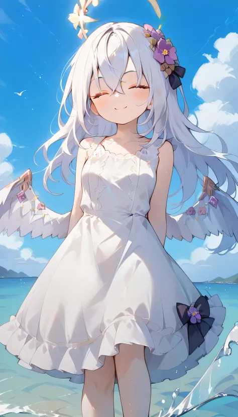 Azusa (blue archive),closed eyes,white hair,long hair,Wings,hair flower,halo, Alone,  showing eyebrows from inside the hair , hair between their eyes, viewers, masterpiece, highest quality, hud_s1lk_ngwn, sleeveless white dress, lace trim, breasts　Outdoors...