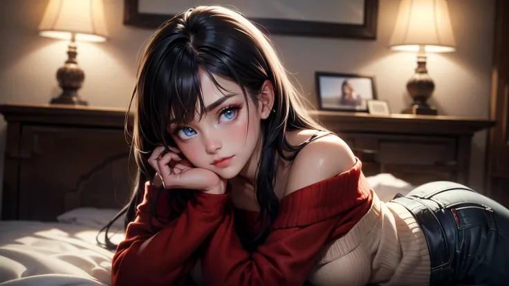 Masterpiece, best quality, high resolution, ultra detailed, slight smile, selfie, a woman long dark hair with bangs, light blue eyes, a beautiful girl looking at the camera, Frontal view, ((off-the-shoulder light red sweater,)) bare legs, night, warm inter...