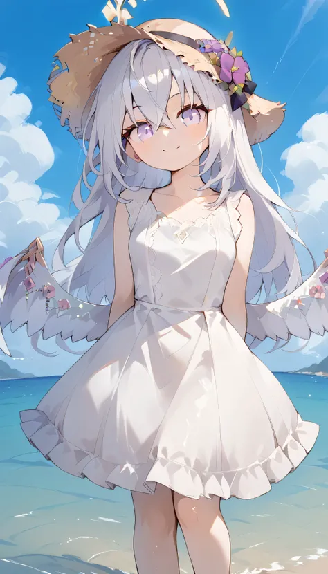 Azusa (blue archive),purple eyes,white hair,long hair,Wings,hair flower,halo, Alone,  showing eyebrows from inside the hair , hair between their eyes, viewers, masterpiece, highest quality, hud_s1lk_ngwn, sleeveless white dress, lace trim, breasts　Outdoors...