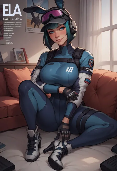 1girl,,ruanyi0895,blue bodysuit,skin tight,bunny print,gloves, high heels, full body, stand,  Bob Cut, 
score_9, score_8_up, score_7_up,  source_anime,
magazine cover, japanese text ela,ela \(Rainbow Six Siege\), ela elite \(Rainbow Six Siege\)
sitting,cou...