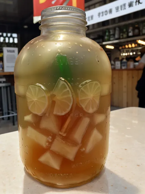 Ginger ale in a large clear bottle at a food stall,Ginger in a square container next to the bottle。