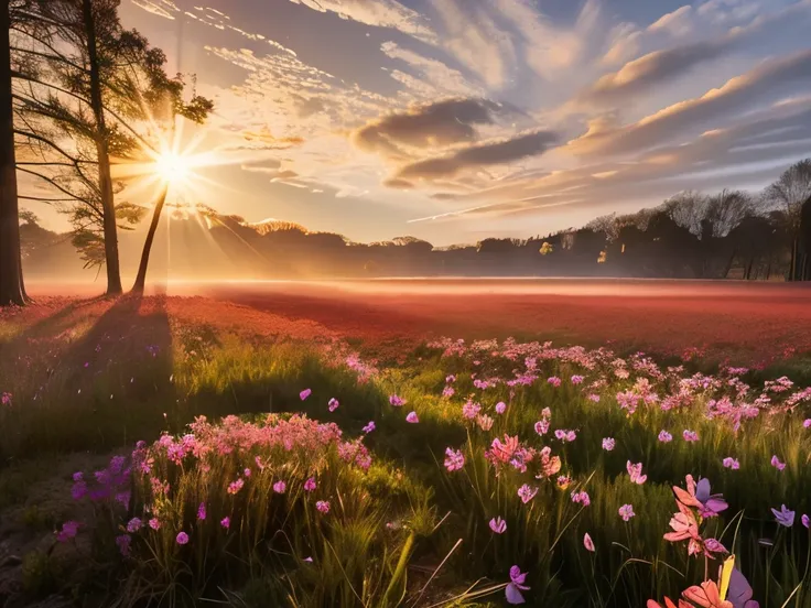 a close up of a field with flowers and a sun in the background, located in a swamp at sunrise, spring early morning, early morning light, lpoty, marc adamus, foggy morning light, springtime morning, at sunrise in springtime, dramatic morning light, dramati...