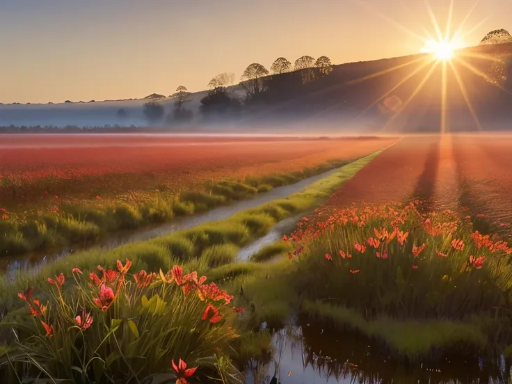 a close up of a field with flowers and a sun in the background, located in a swamp at sunrise, spring early morning, early morning light, lpoty, marc adamus, foggy morning light, springtime morning, at sunrise in springtime, dramatic morning light, dramati...