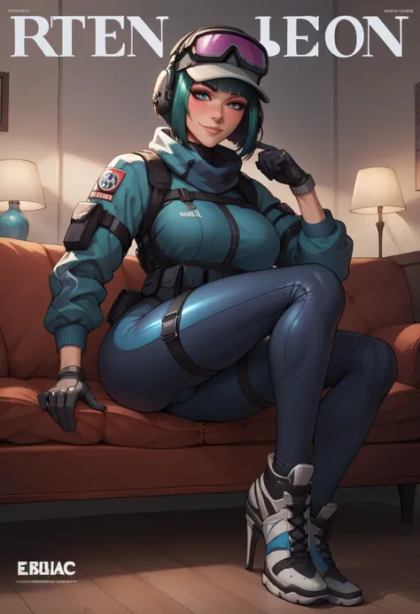 1girl,,ruanyi0895,blue bodysuit,skin tight,bunny print,gloves, high heels, full body, stand,  Bob Cut, 
score_9, score_8_up, score_7_up,  source_anime,
magazine cover, japanese text ela,ela \(Rainbow Six Siege\), ela elite \(Rainbow Six Siege\)
sitting,cou...