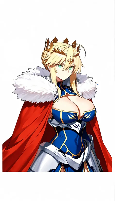 masterpiece,best quality,anime,cowboy shot,red cloak,fur trim,(Artoria Pendragon Lancer \(Fate Grand Order\)),No Background,light armor,Emphasize the cleavage,gallant,(single cloth cloak),