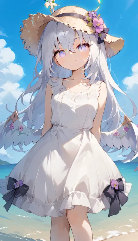 Azusa (blue archive),purple eyes,white hair,long hair,Wings,hair flower,halo, Alone,  showing eyebrows from inside the hair , hair between their eyes, viewers, masterpiece, highest quality, hud_s1lk_ngwn, sleeveless white dress, lace trim, breasts　Outdoors...