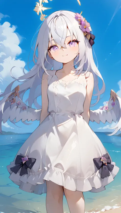 Azusa (blue archive),purple eyes,white hair,long hair,Wings,hair flower,halo, Alone,  showing eyebrows from inside the hair , hair between their eyes, viewers, masterpiece, highest quality, hud_s1lk_ngwn, sleeveless white dress, lace trim, breasts　Outdoors...