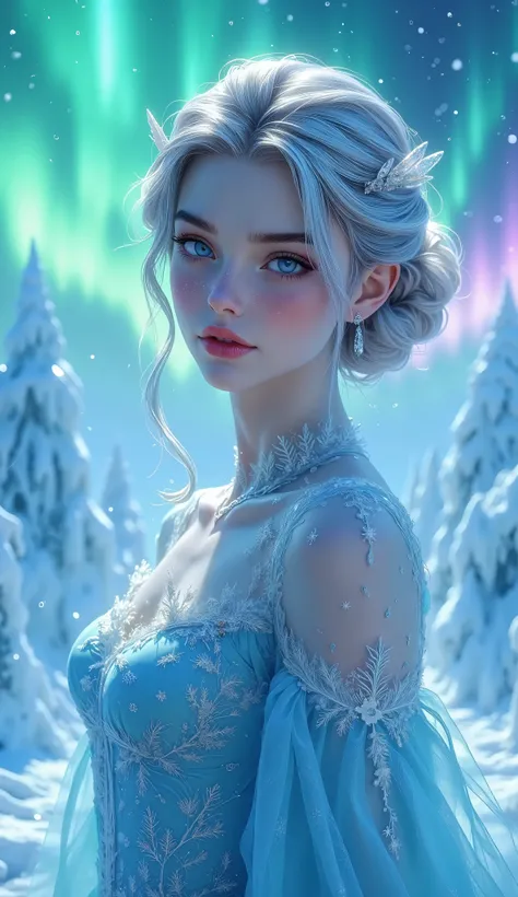 1girl, pale lavender hair, side-swept bun, gemstone hairpins, icy blue gown, snowflake embroidery, high lace collar, frozen palace, icicles, sparkling frost, aurora, vibrant sky, green and purple hues masterpiece, best quality, amazing quality, very aesthe...