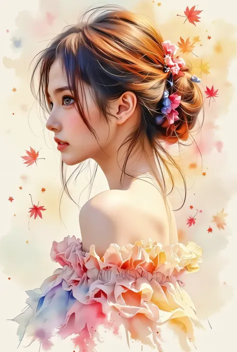 (8k, best quality, masterpiece:1.2),(best quality:1.0), (ultra highres:1.0), watercolor, beautiful woman, shoulder, hair ribbon, by agnes cecile , bust, Super Bright Shining Design , pastel color, (ink:1.3), autumn lights,