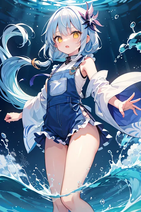 a girl in the water alone、Kaigetsu's hair、like Kaigetsu、cute、Light blue overall、Thin scales on the arm、 surprised face、yellow eyes、 fluffy