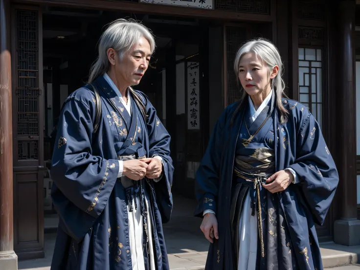 Old Man Wearing Antique Chinese Dress, White Gray Hair , Wear a navy blue vintage Chinese dress, 5 people standing outside the door, Stand Scattered, Very Big Door, , the door of the ancient Chinese style emergency room, Modern Door, Outside the hall door,...