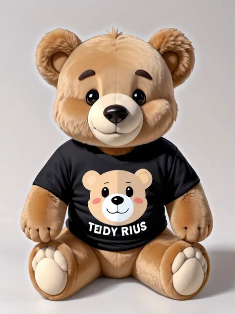 Happy ((furry)) bear in black t-shirt, soft toy, Teddy, cute face, 
smiling, mouth closed, just a smile, ((no eyebrows)), plush, 
light brown bear, with light beige felt paws, big head, 
black leather nose and black small shiny eyes, highly detailed, (((t-...