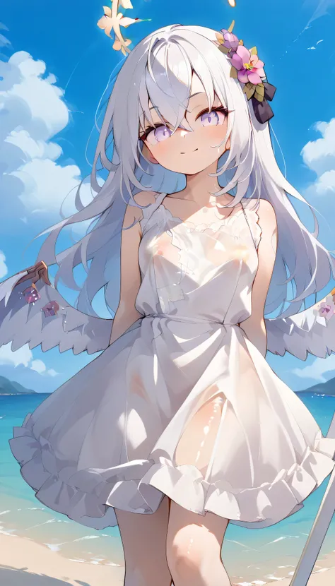 Azusa (blue archive),purple eyes,white hair,long hair,Wings,hair flower,halo, Alone,  showing eyebrows from inside the hair , hair between their eyes, viewers, masterpiece, highest quality, hud_s1lk_ngwn, sleeveless white dress, lace trim, breasts　Outdoors...