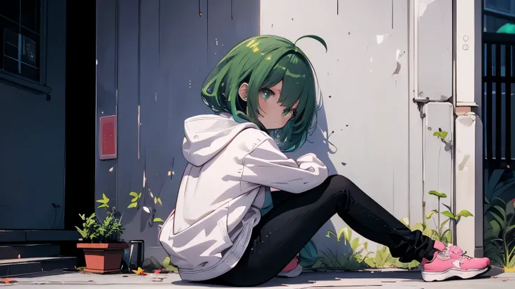 Dark green hair 、Dark green eyes、back view、from side,Nightcore、wall、 Darkness、sitting、 on the ground 、 white hoodie、Black pants with pink lines