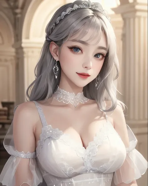 best quality、masterpiece、
  Vivid 、beautiful girl、1 person、double eyelids、big eyes、sepia eyes 、 Silver Hair、((white lace dress、Organza))、princess、choker、earrings、corolla、 natural smile 、 night view、 Europe