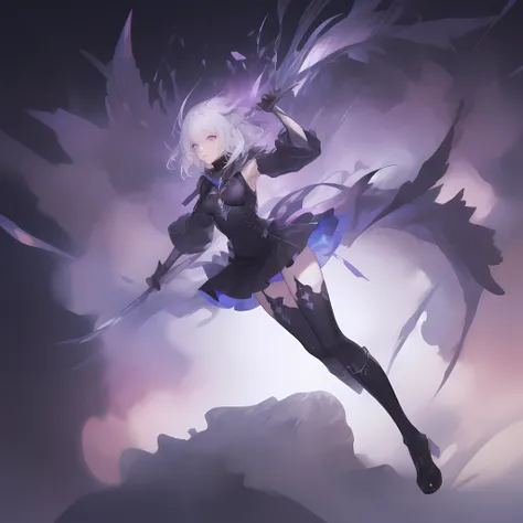 1 girl, Crystal themed girl, crystal highlighted stockings, blue and purple thigh high stockings, heeled boots. White and black bodysuit skirt, purple blade, assassin. Magic, sideview close-up looking at viewer, above waist shot, galaxy starry background, ...