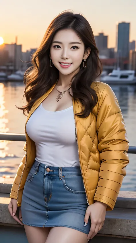 anatomically correct 5 fingers Beautiful Korean woman with wavy hair earrings thin necklace (((Quilted jacket))) T shirt miniskirt Big Breasts sensual body looking at camera cute charming smile At the harbor with a beautiful sunset