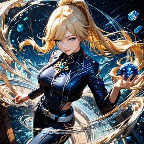 (Masterpiece, best quality), (ultra high resolution, 8K RAW photo, photo realistics:1.5, textile shading, thin outline), Beautiful young woman holding an actively swirling wind vortex floating in one hand, (Fontaine Genshin Impact background), wearing fitt...