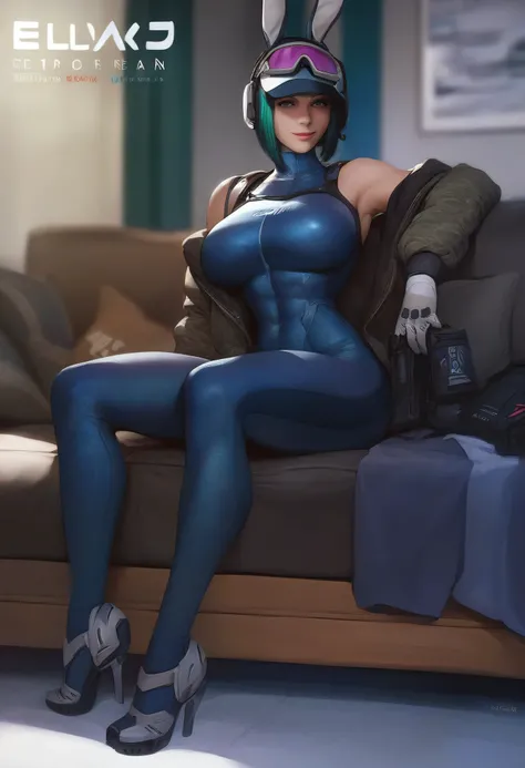 1girl,,ruanyi0895,blue bodysuit,skin tight,bunny print,gloves, high heels, full body, stand,  Bob Cut, 
score_9, score_8_up, score_7_up,  source_anime,
magazine cover, japanese text ela,ela \(Rainbow Six Siege\), ela elite \(Rainbow Six Siege\)
sitting,cou...