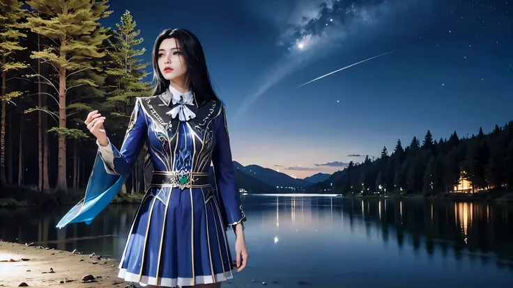 masterpiece,best quality,official art,extremely detailed CG unity 8k wallpaper,realistic,light rays,light particles, 1girl,solo,black_hair,long_hair,standing,chinese_clothes,short skirt, blue theme,starry background,starry sky,night,reflection,night sky,ou...