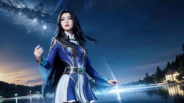 masterpiece,best quality,official art,extremely detailed CG unity 8k wallpaper,realistic,light rays,light particles, 1girl,solo,black_hair,long_hair,standing,chinese_clothes,short skirt, blue theme,starry background,starry sky,night,reflection,night sky,ou...