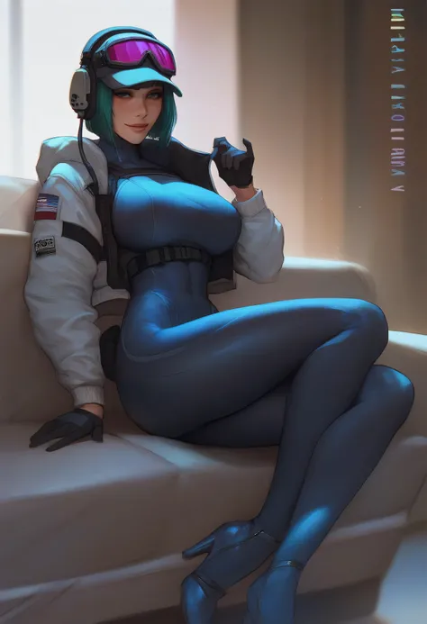 1girl,,ruanyi0895,blue bodysuit,skin tight,bunny print,gloves, high heels, full body, stand,  Bob Cut, 
score_9, score_8_up, score_7_up,  source_anime,
magazine cover, japanese text ela,ela \(Rainbow Six Siege\), ela elite \(Rainbow Six Siege\)
sitting,cou...