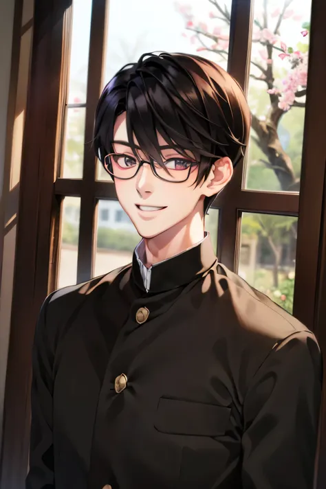 Japanese man handsome short dark-haired adult short cropped smile In the classroom window window windowの外は初春 there is only one cherry tree Black school run school uniform Black school run glasses Licensed