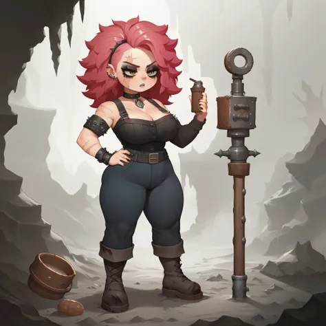 score_9,score_8_up,score_7_up, 1girl, futanari, cock, nuts, anime dwarf standing in a cave, gothic girl, goth Valkyrie, evil girl, gothic maiden anime girl, Dwarf, miner, mining pick, dirty clothes, shortstack dwarf girl, scars, gothic miner of the caves, ...