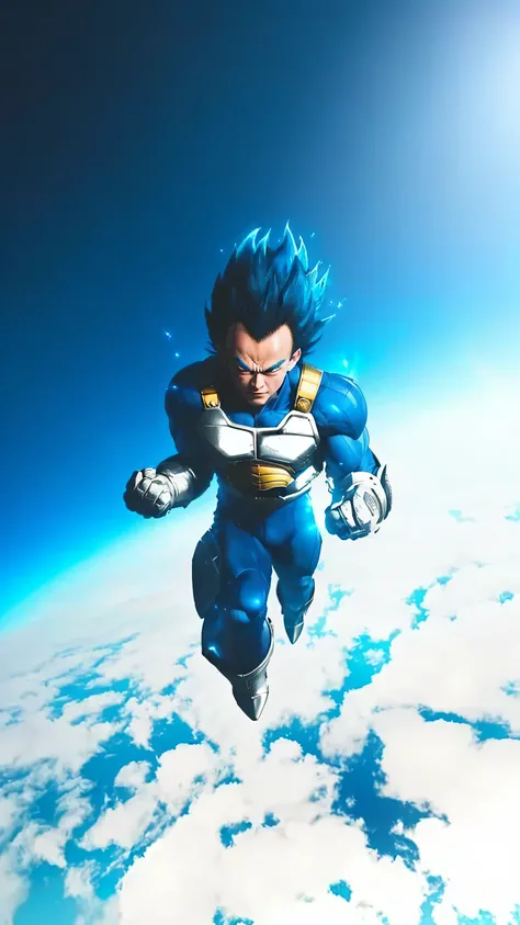 Vegeta from Dragon Ball. A hyper-realistic depiction of a powerful warrior floating in the sky, radiating an intense blue electric aura around his body. Energy flashes and flashes, illuminating the surrounding clouds with a fiery electric light. The vast s...