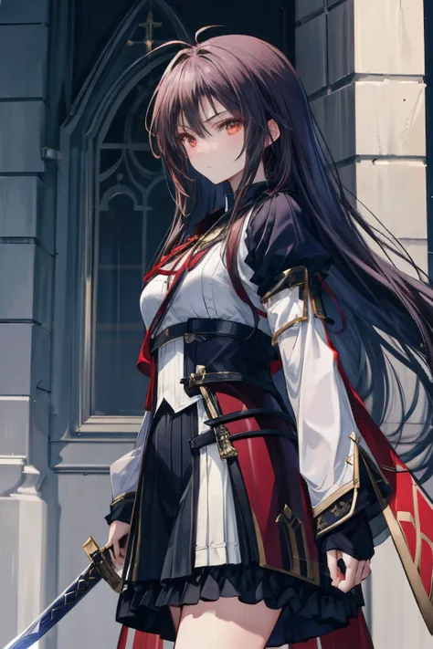 、one girl,cute、stylish style with a sacred sword, female knight、Holding a Holy Sword、Yoko from The Twelve Kingdoms with a Holy Sword、long hair,Red Knight