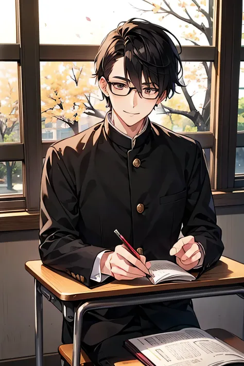  Japanese man 　　handsome　short dark-haired adult　short cropped 　　smile　In the classroom　　Outside the window is early spring　There is only one cherry tree outside the window　　　　Black school run　 school uniform　Black school run　　　　Shaved head　Shaved head　　Sh...