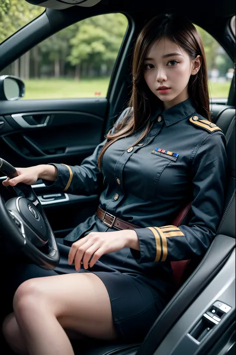 Masterpiece, best quality, (very detailed CG unity 8k wallpaper) (best quality), (best illustration), (best shadows), woman 25 years old, military uniform, driving car