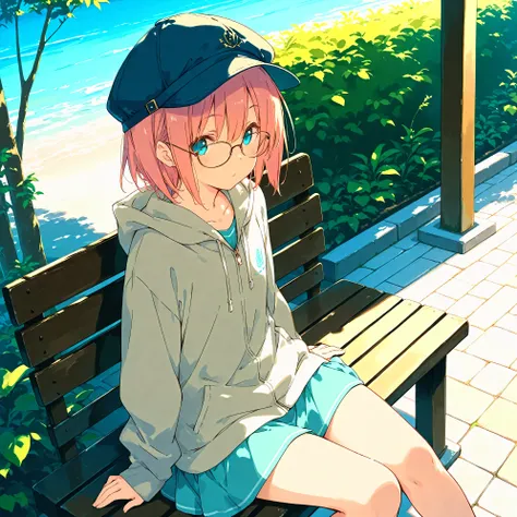 (masterpiece), (best quality), (ultra-detailed),artist:kokonoka, 1girl, short hair, cap, glasses, sitting, outdoors, cool illustration,