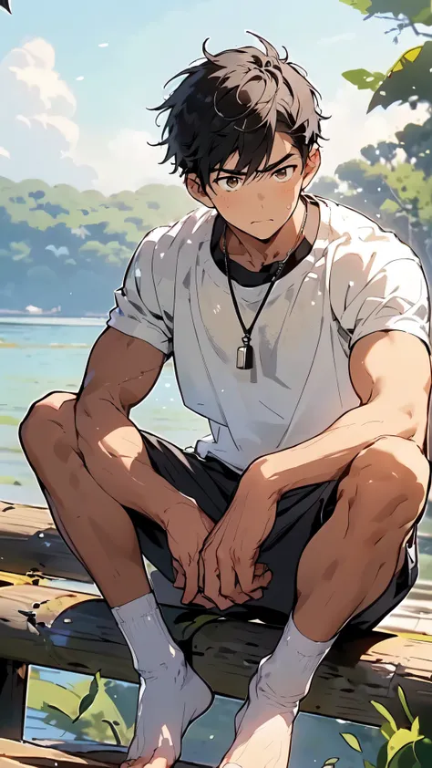 a handsome man,Black Hair，Abdominal muscles，brown eyes， white short sleeve，Sweatpants，seaside，Sunset,Sitting under a tree， There is a light yellow stain on the bottom of the white socks ，(( only one person))，Clear