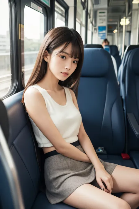 A young woman of Asian descent, seated on a dark-colored seat, likely in a public transport vehicle. She is positioned in the center of the image, facing the viewer directly.  She appears to be in her late s or early twenties.  The woman is wearing a black...