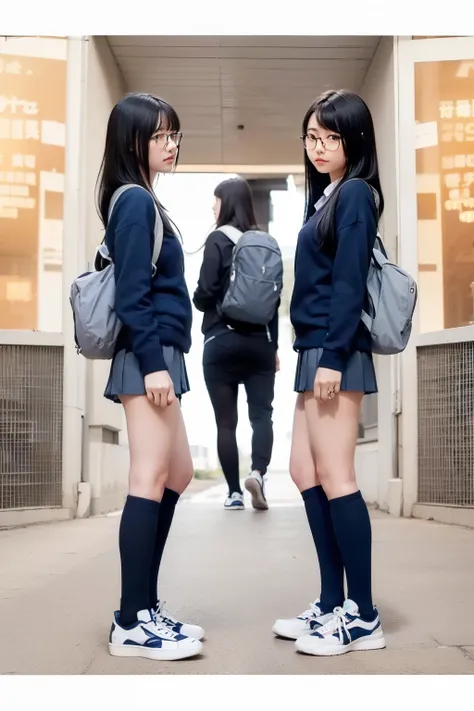 1980 residential sidewalk,masterpiece,8k,(((angle see from the ground))),Angle of two female middle school students from below,age 15,front shot,Watch here,((navy blue student sweater and collared shirt,((Beautiful legs with long thighs)),navy blue micro p...