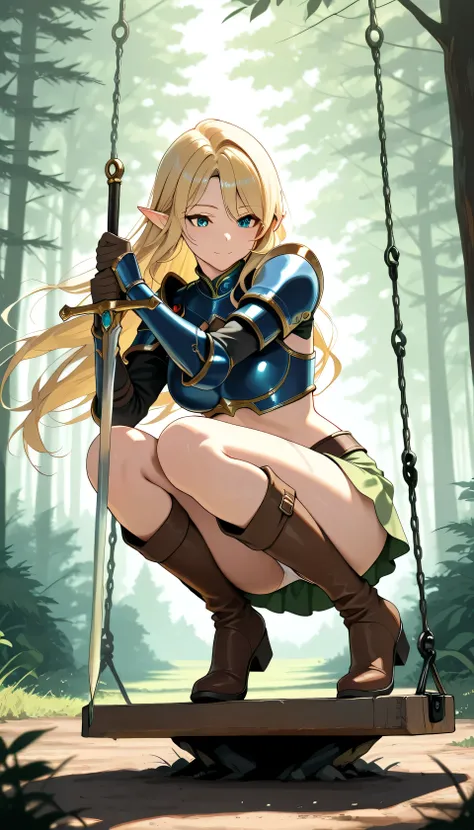 Tidrit. Solo character, wearing a green dress, blue armor, metallic armor, short skirt, elf ears, brown boots, holding a long sword with both hands, swinging it, squatting down to swing the sword, with a more dynamic posture, legs separated for combat post...