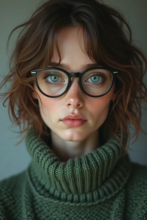 A beautiful girl with short brown hair, blue eyes, wearing a green sweater that covers her neck, and also wearing black glasses, but their lenses are transparent. Her features are close.