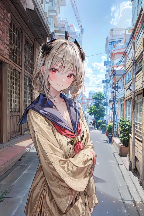 masterpiece,best quality,1 girl,Alone,outdoor,viewers,sailor suit,smile,ãã©ã¹ ,bangs,null,blue null,cloud,medium chest, o, white hair,red eyes,cross your arms around your back,Simple Clothes ,long hair