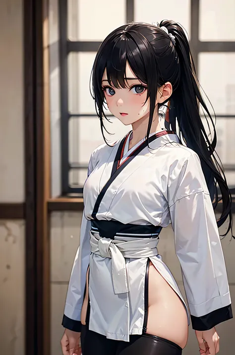  8k resolution,((top quality)),super high resolution, Adult Female, alone,  sexy, (expressionless), (black eyes), beautiful symmetrical face, (long black ponytail hair),Japanese martial arts uniform,White loincloth,realistic:1.4,realistic:1.4,(masterpiece:...